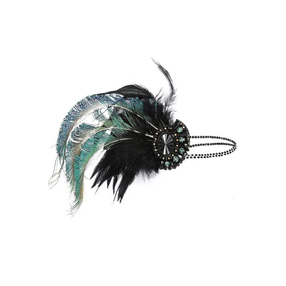 Vintage Feathers Beads Flapper Headband Green 1920s Gatsby Costume Accessory